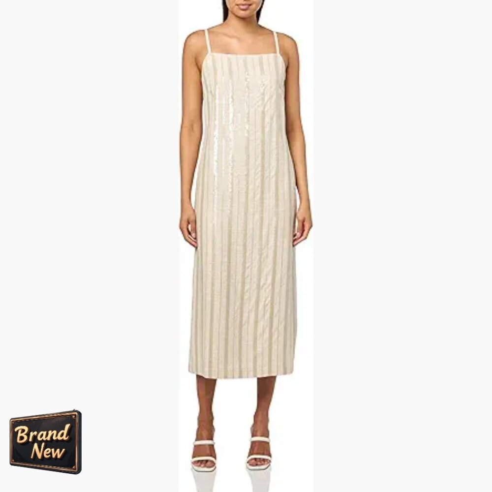 Midi Dress with Sequin Stripes, Square Neck, Spaghetti Straps